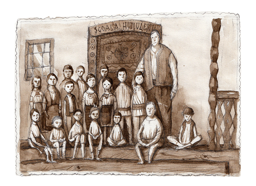 Illustration of the school in Humulești with classmates and the teacher gathered in front, as if for a photo, from 'Amintiri din copilărie' by Ion Creangă, illustrated by Irina Dobrescu