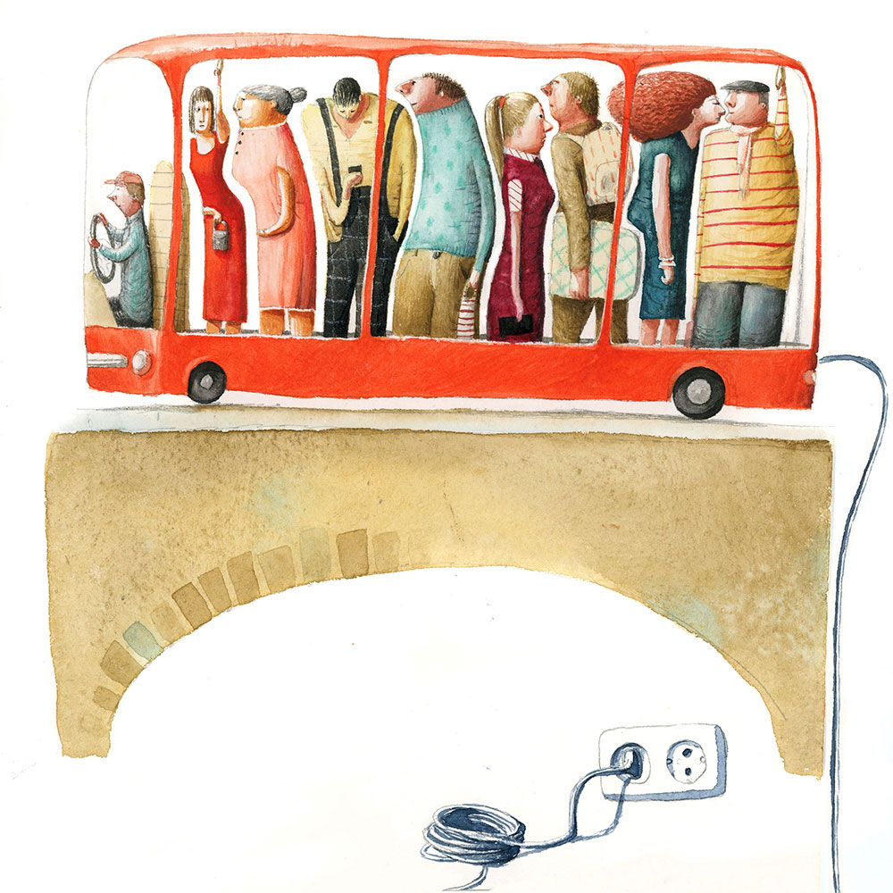 A buss packed with people, Illustration by Irina Dobrescu