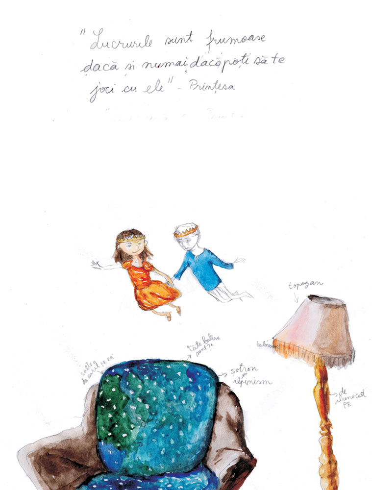 Flying over Lamp and Armchair, Illustration by Irina Dobrescu for The Prince and The Princess