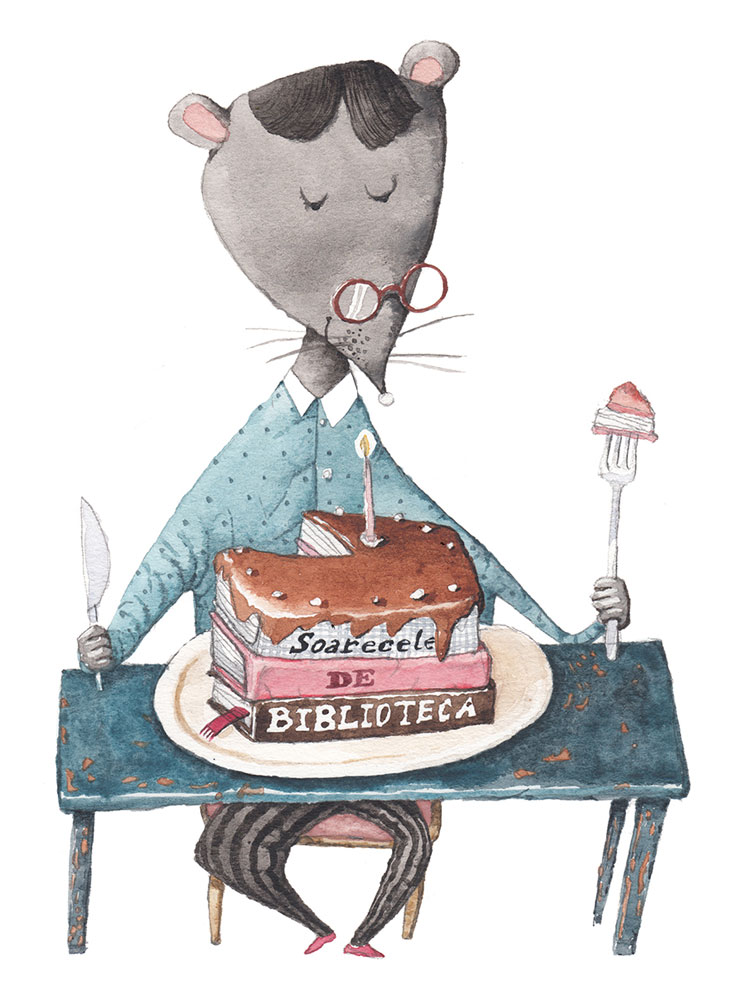 The Library Mouse eating a cake made of books, Illustration by Irina Dobrescu