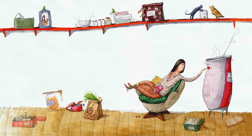 Yoli Zoli casting a spell by pressing a button on a potion cauldron while relaxing in an armchair from 'Yoli Zoli si Pulberea de Alandala,' illustrated by Irina Dobrescu.